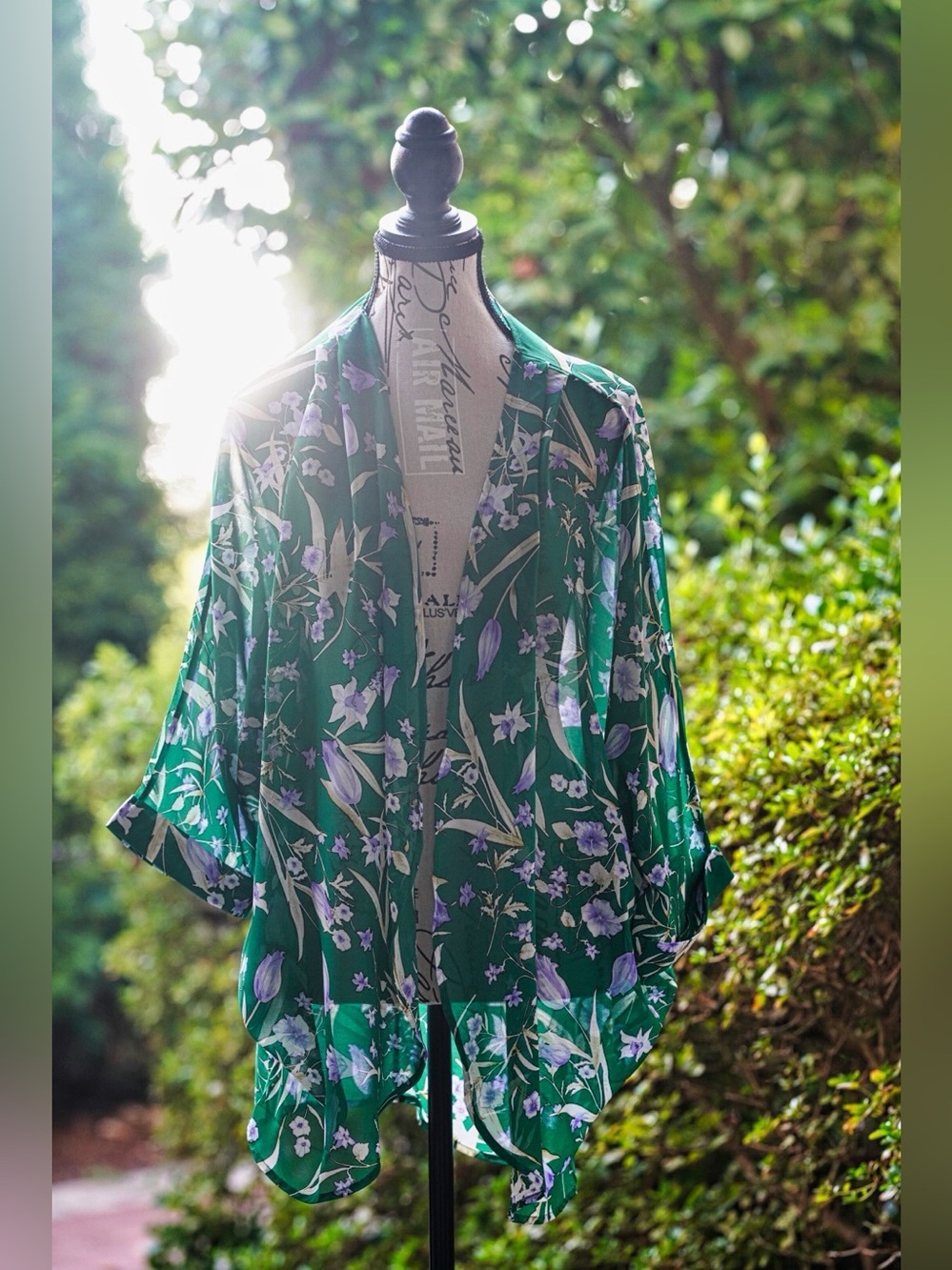 Green Floral Chiffon Kimono Cardigan Sheer Swim Cover Up Size Small